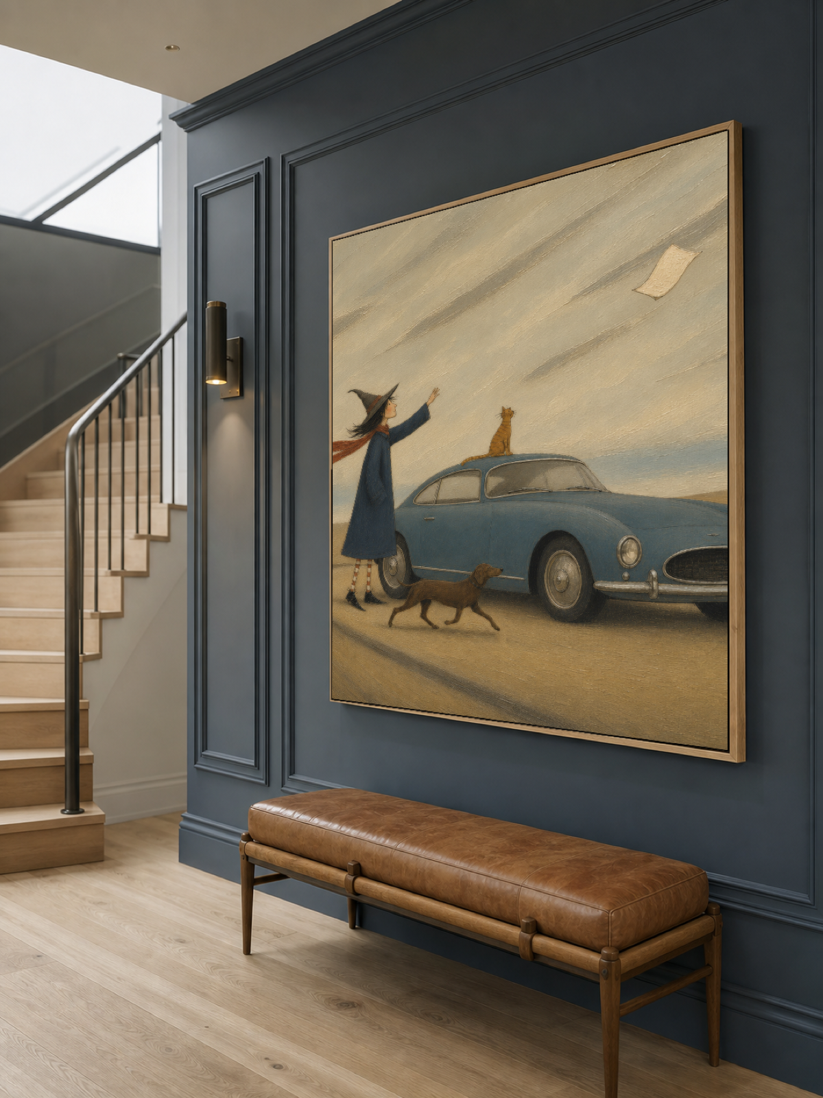 Whimsical Storybook Painting With Vintage Car And Witch For Unique Home Decor