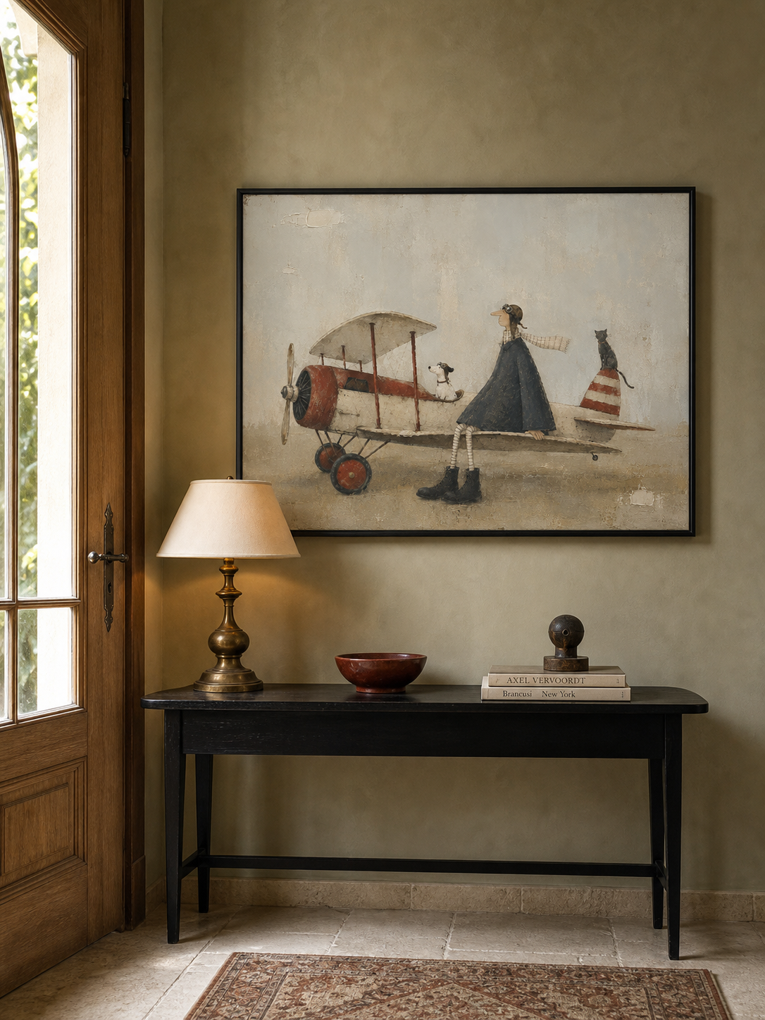 Large Framed Vintage Airplane Canvas Painting With Pilot And Cute Pets