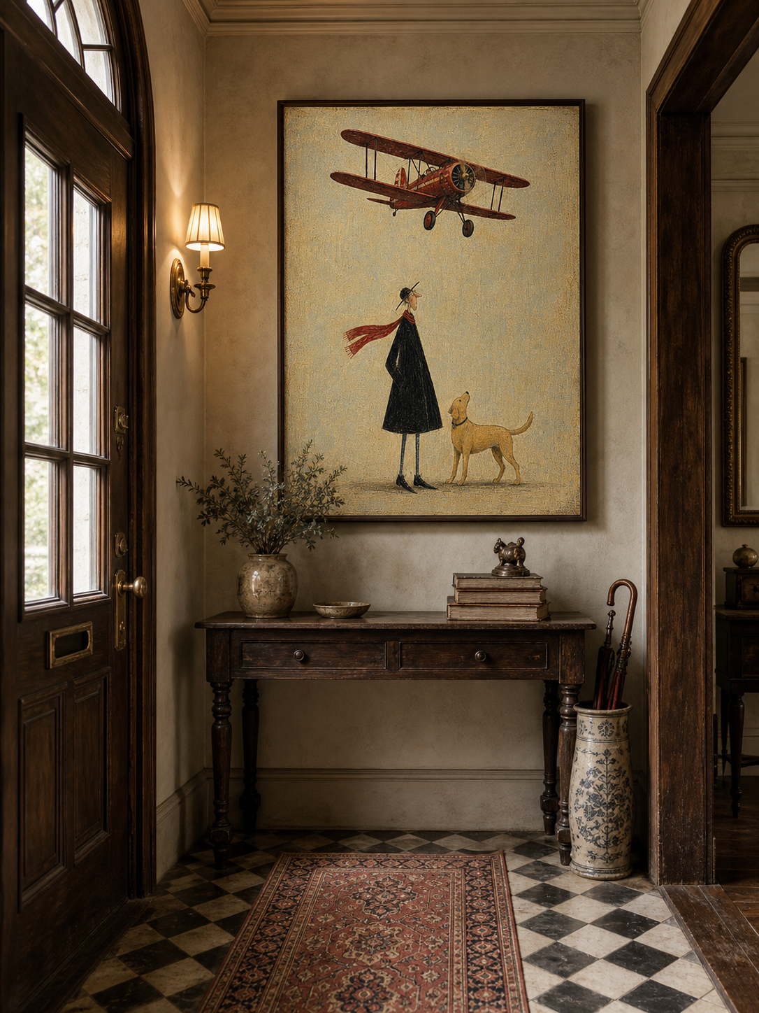 Vintage Red Biplane Painting Original Art For Travel Lovers Home Decor