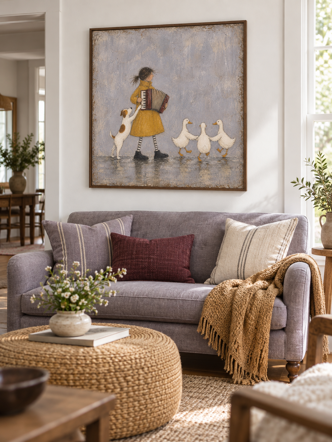 Girl With Accordion And Ducks Hand-Painted Canvas Art In Yellow And Grey