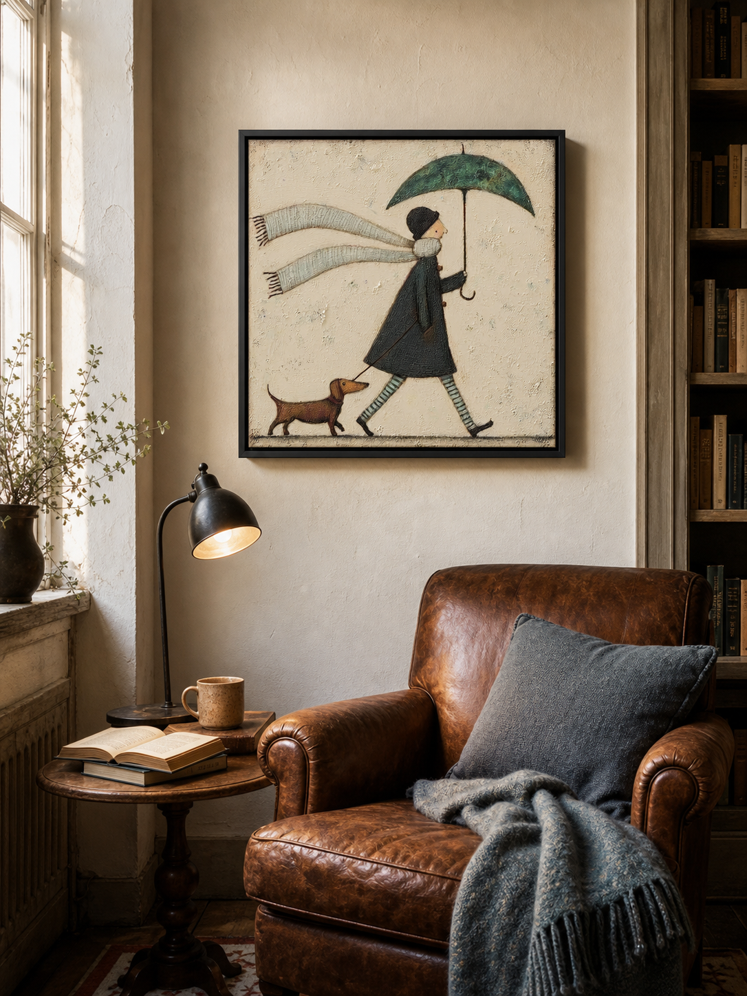 Whimsical Pet Art With Umbrella And Scarf Original Oil Painting On Linen Canvas