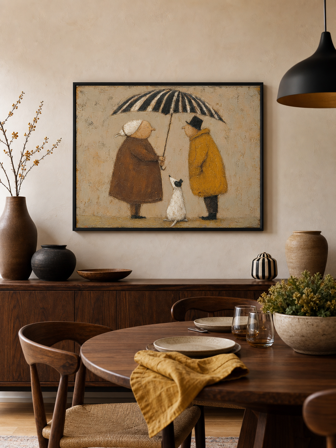 Vintage Style Oil Painting Of Couple With Dog Under Striped Umbrella For Cozy Home Decor