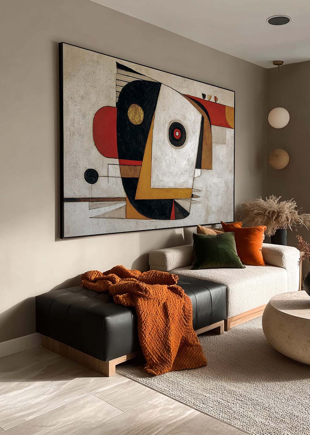 Large Horizontal Geometric Abstract Painting With Red And Gold Accents For Living Room