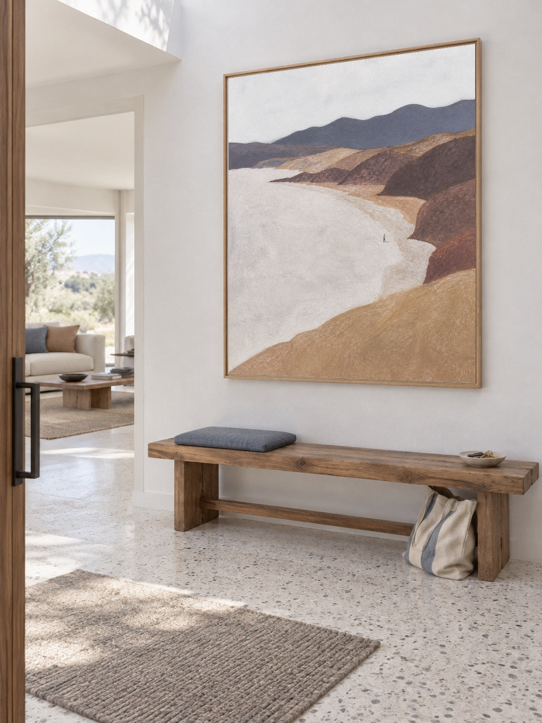 Minimalist Beach Landscape Hand-Painted Canvas Art With Solitary Figure In Earth Tones