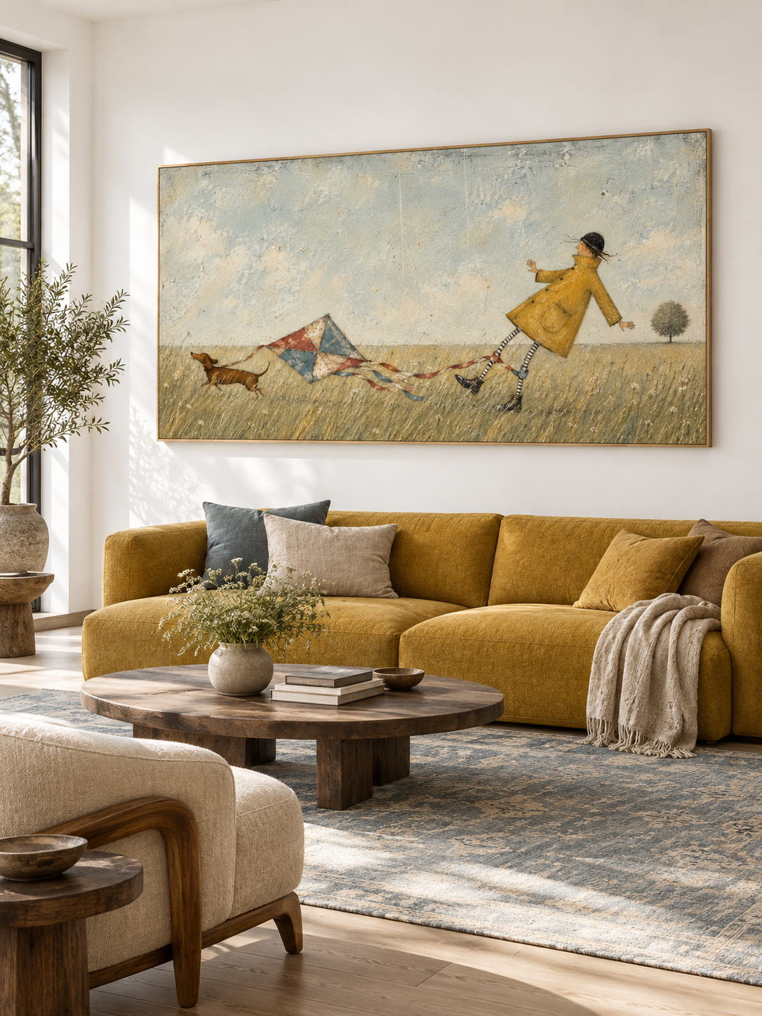 Whimsical Girl And Dachshund With Kite Hand-Painted Canvas Art