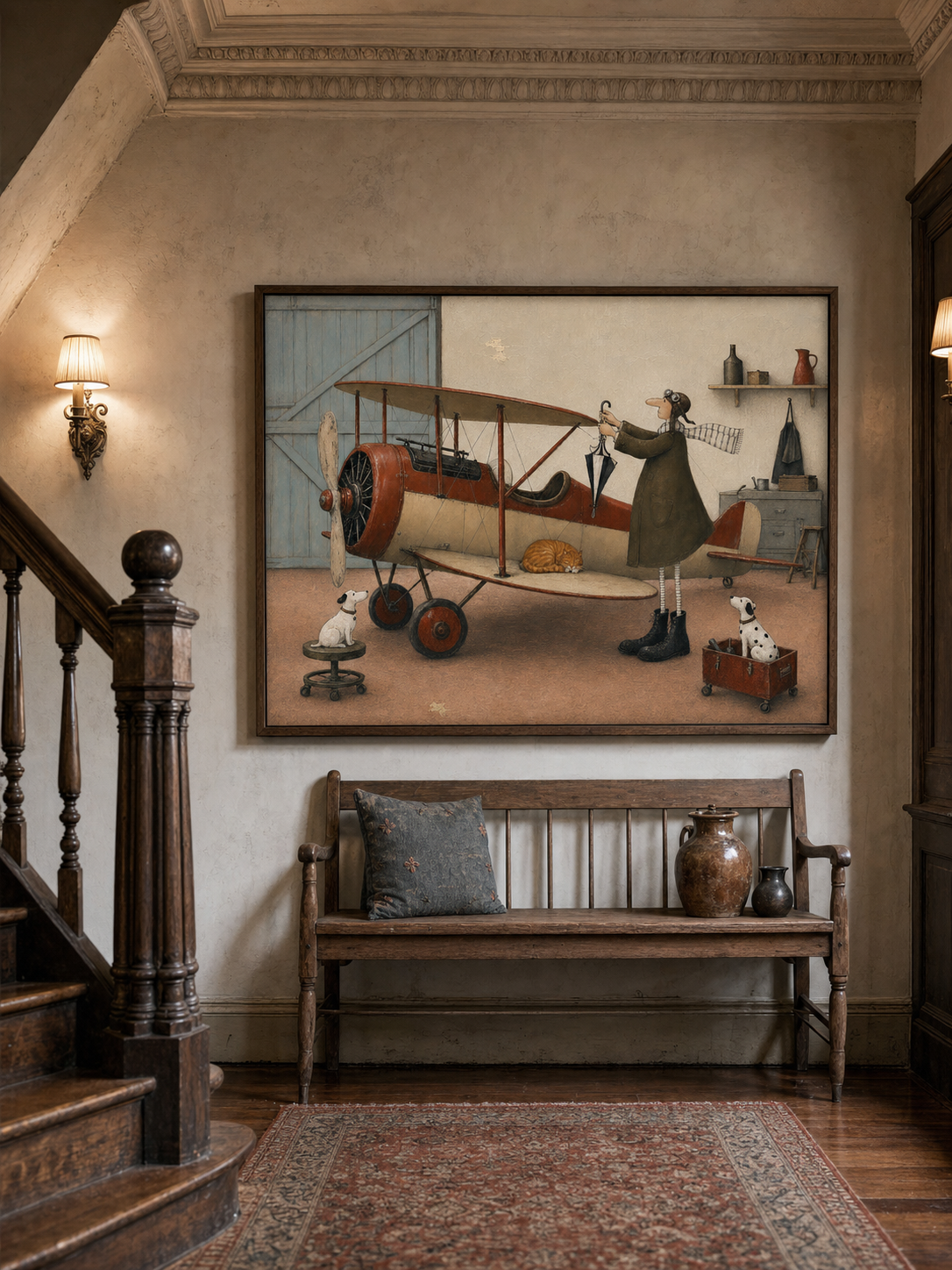 Whimsical Pilot Painting With Pets In Rustic Hangar Scene For Living Room