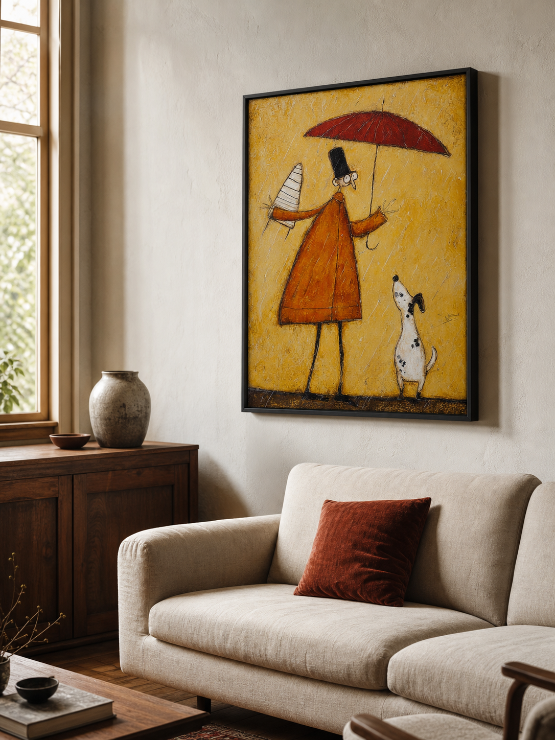 Handmade Minimalist People Canvas Painting Warm Yellow Retro Decor Framed Art