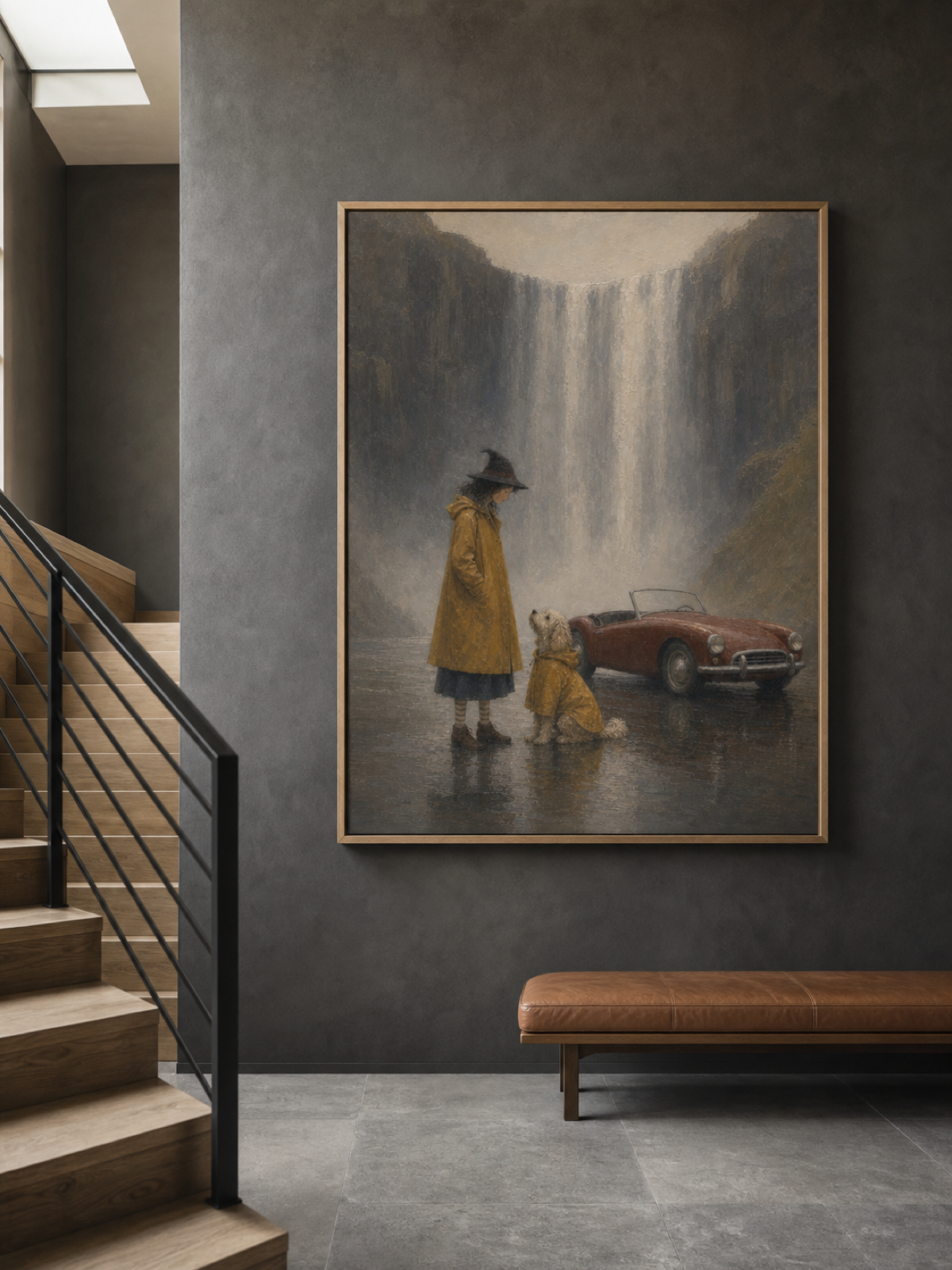 Hand Painted Vintage Adventure Painting With Dog Waterfall Travel Story Art