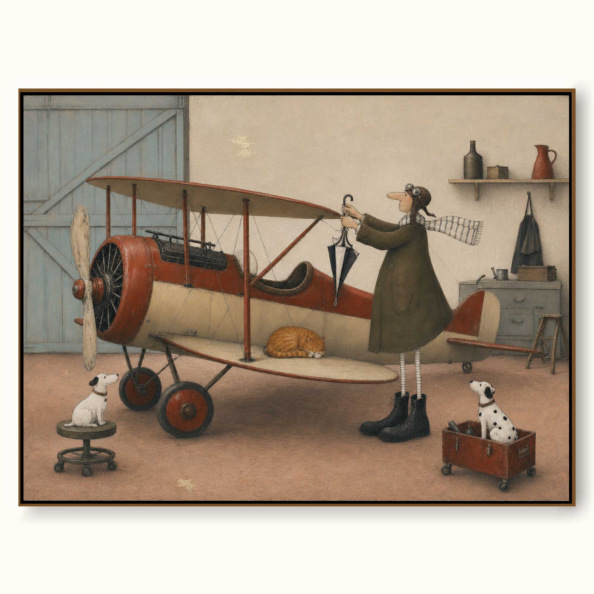 Whimsical Pilot Painting With Pets In Rustic Hangar Scene For Living Room