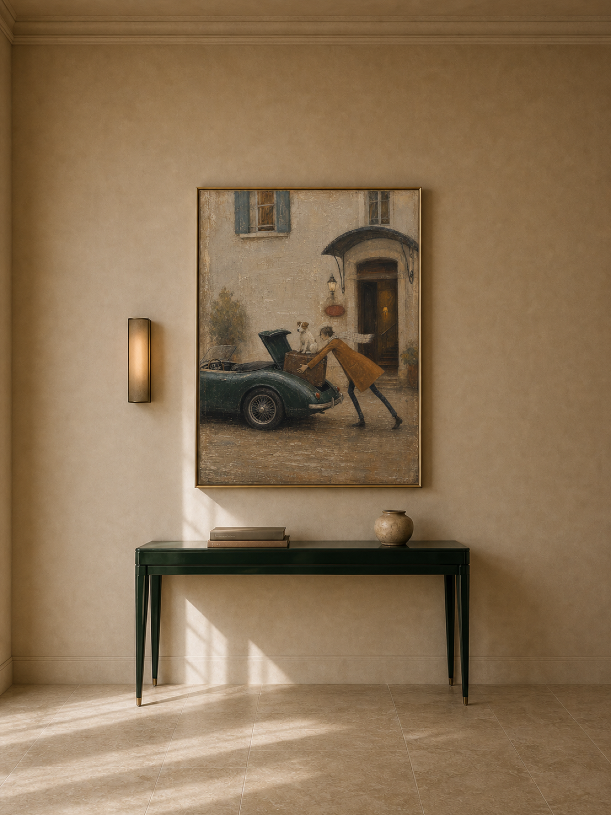 Vintage Pet Art Painting With Classic Car For Home Decor