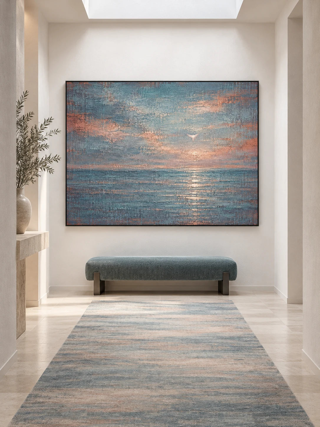 Hand-Painted Teal Seascape Canvas Art With Bird For Modern Wall Decor