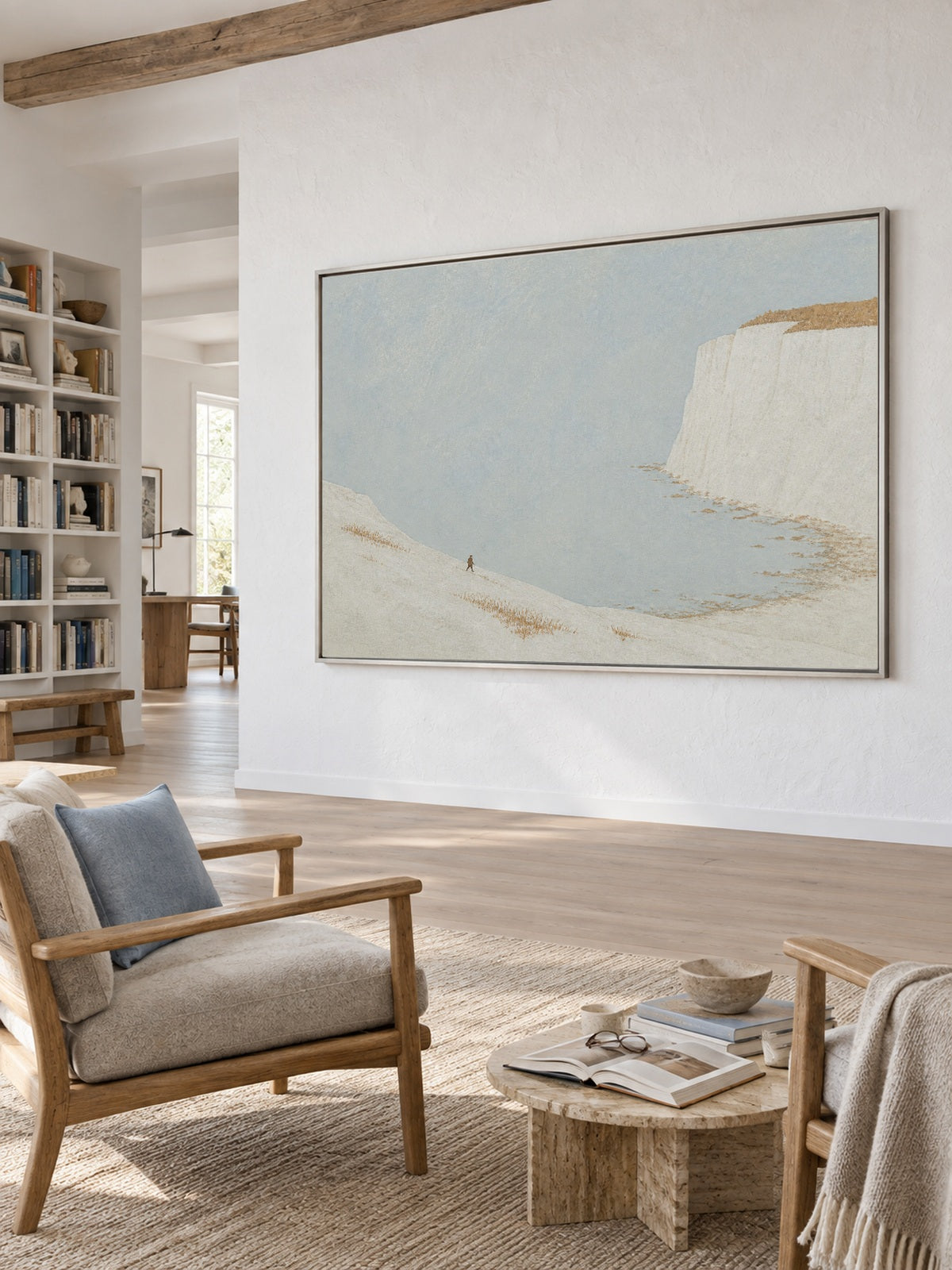 Minimalist Cliff Landscape Original Oil Painting In White And Blue