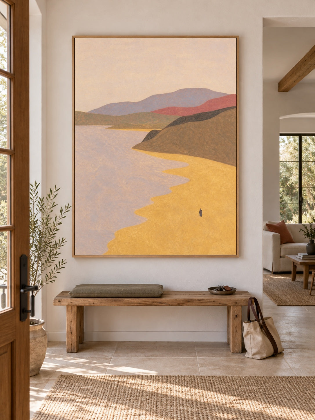 Hand-Painted Coastal Landscape Canvas Art With Golden Shore And Solitary Figure
