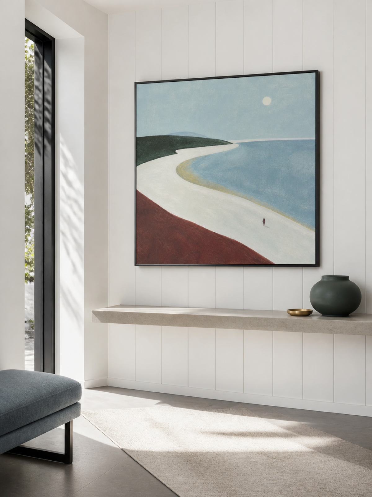 Minimalist Moonlit Beach Painting Original Art In Soft Blue And Earth Tones