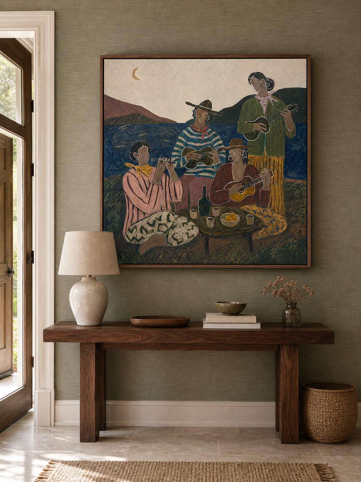 Retro Bohemian Gathering Artwork Earthy Tones Original Oil Painting For Home