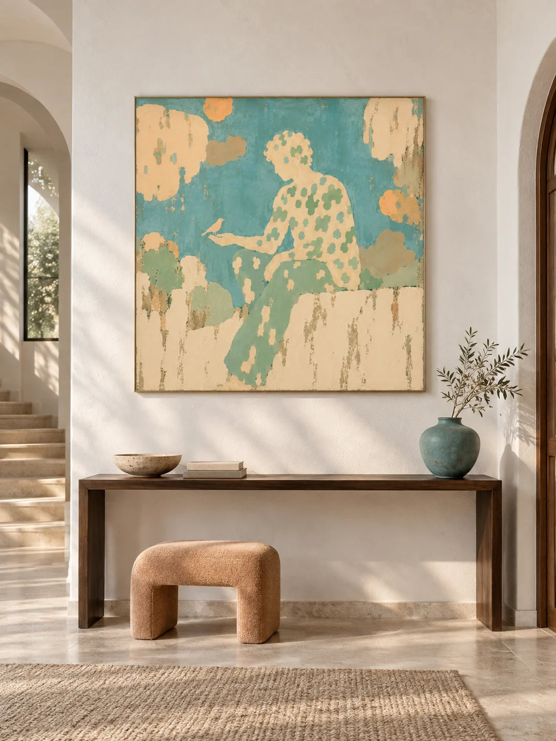 Serene Bird Companion Canvas Painting For Cozy Neutral Bedroom Wall Decor