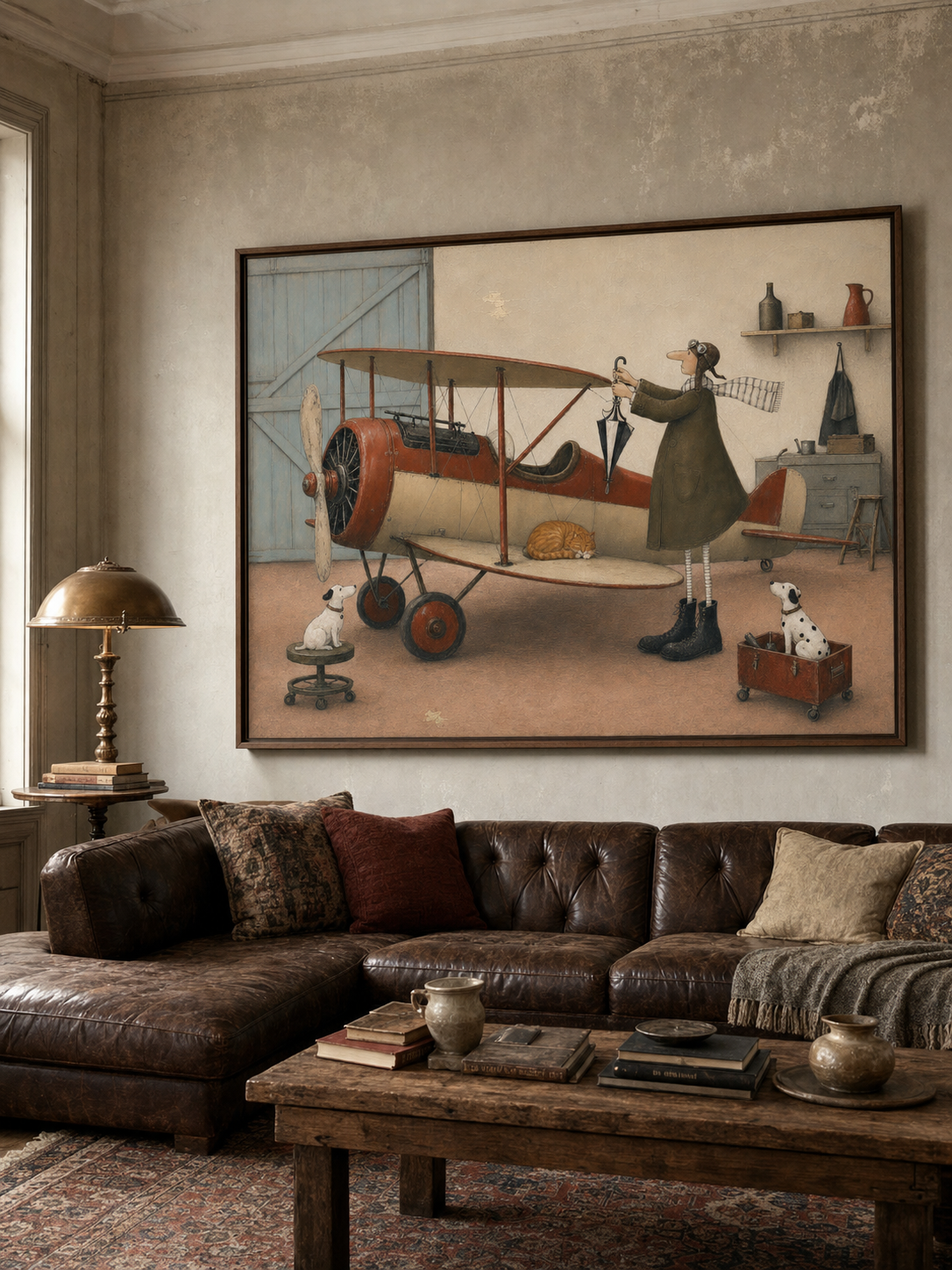 Whimsical Pilot Painting With Pets In Rustic Hangar Scene For Living Room