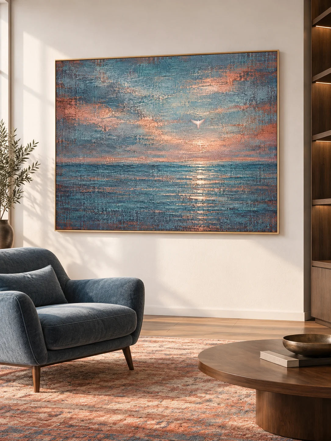 Hand-Painted Teal Seascape Canvas Art With Bird For Modern Wall Decor