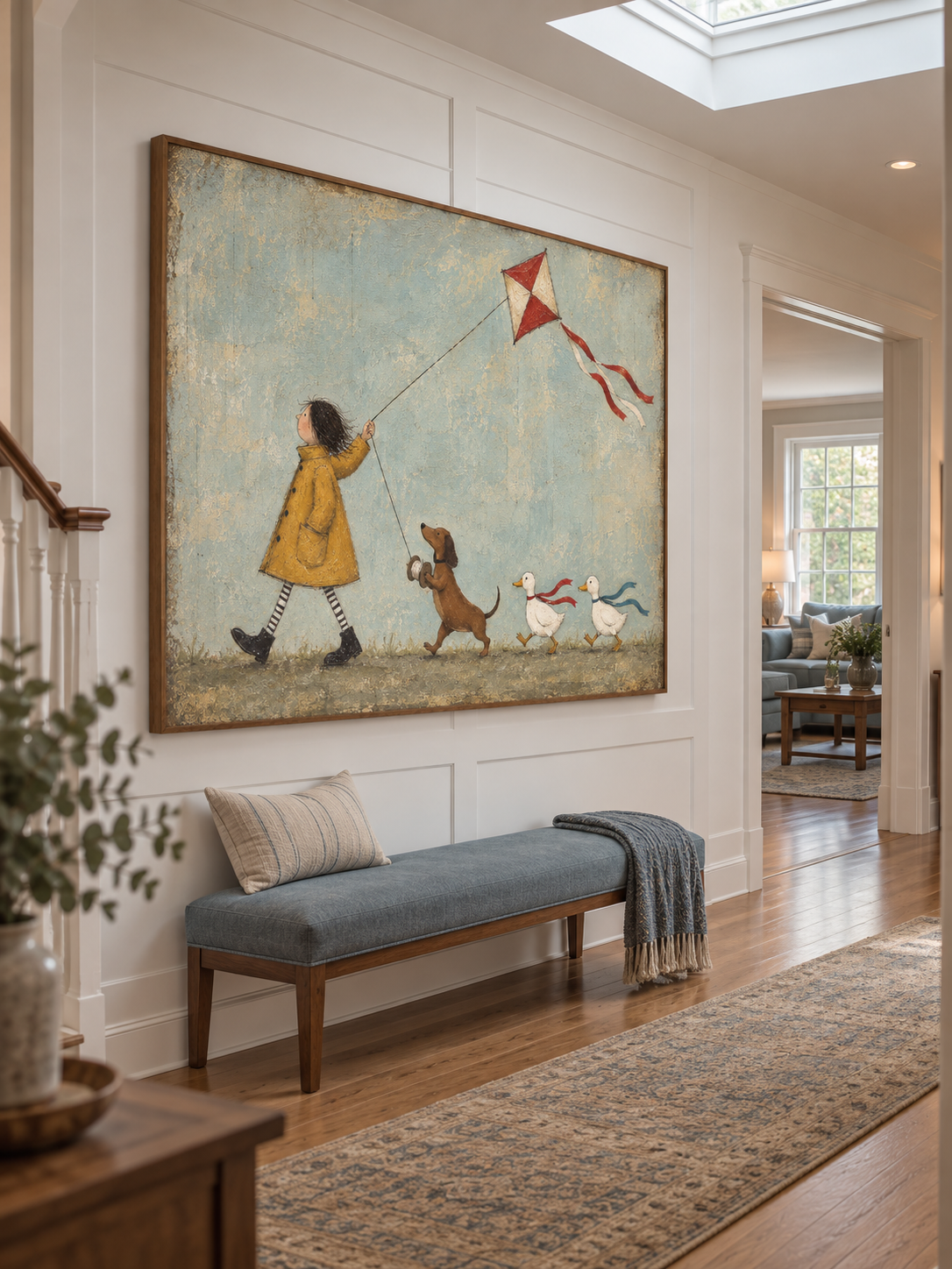 Colorful Kite Flying Canvas Art With Dog And Ducks For Kids Room Decor