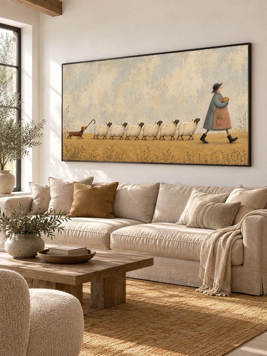 Whimsical Sheep And Dachshund Farm Animal Canvas Painting Hand Painted Wall Art