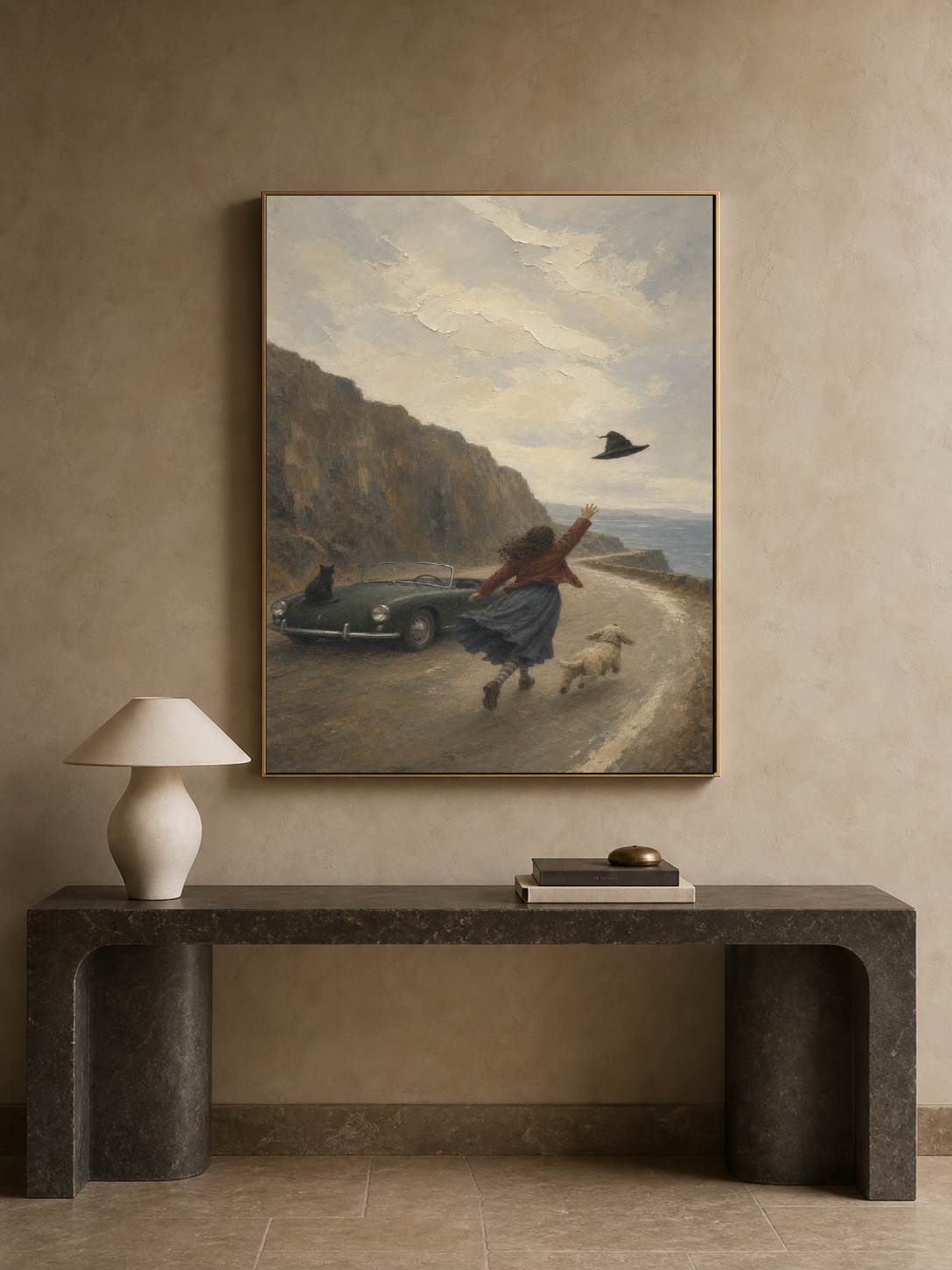 Vintage Coastal Travel Art With Pets And Classic Car For Home Decor