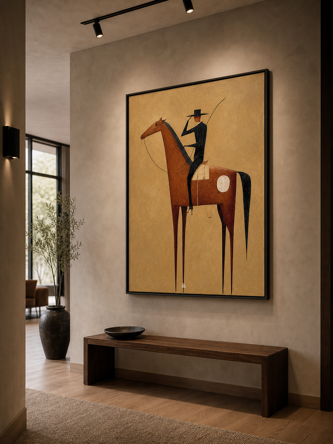 Vintage Minimalist Horse And Rider Painting For Modern Home Decor With Earthy Tones