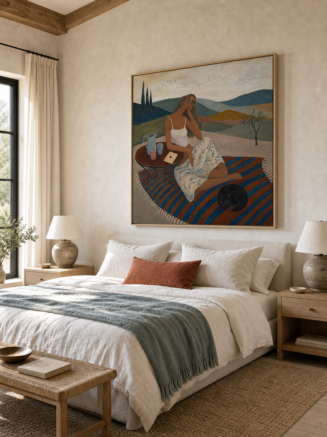 Mediterranean Vintage Oil Painting Of Woman In Countryside With Cat And Blue Rug