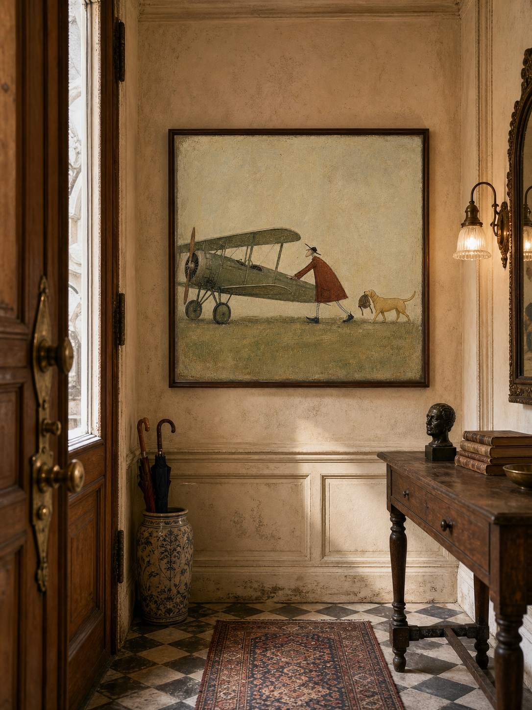 Vintage Airplane And Dog Painting Original Art For Study Room Decor