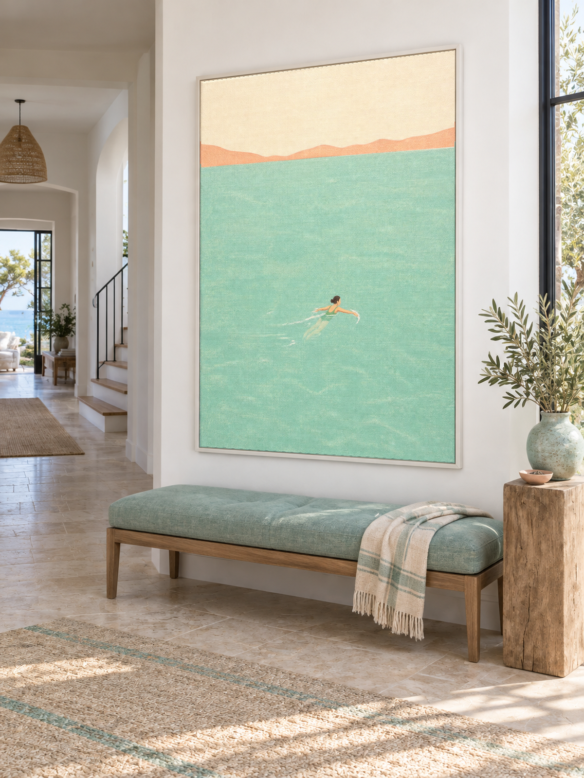 Woman Swimming In Sea Hand-Painted Canvas Wall Art Minimalist Blue