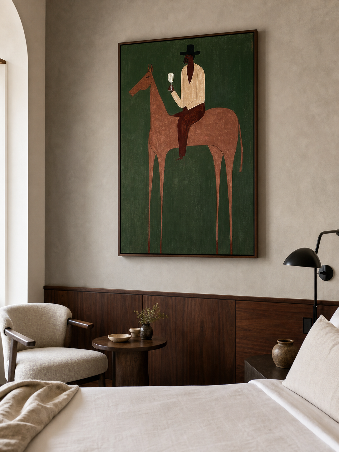 Vintage Minimalist Horse Oil Painting Framed Green Canvas Wall Art For Bedroom Sanctuary