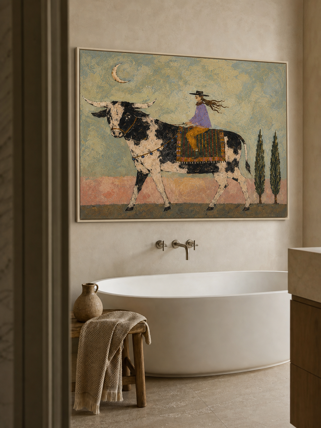 Hand Painted Western Folk Art Bull Rider Canvas For Rustic Home Decor