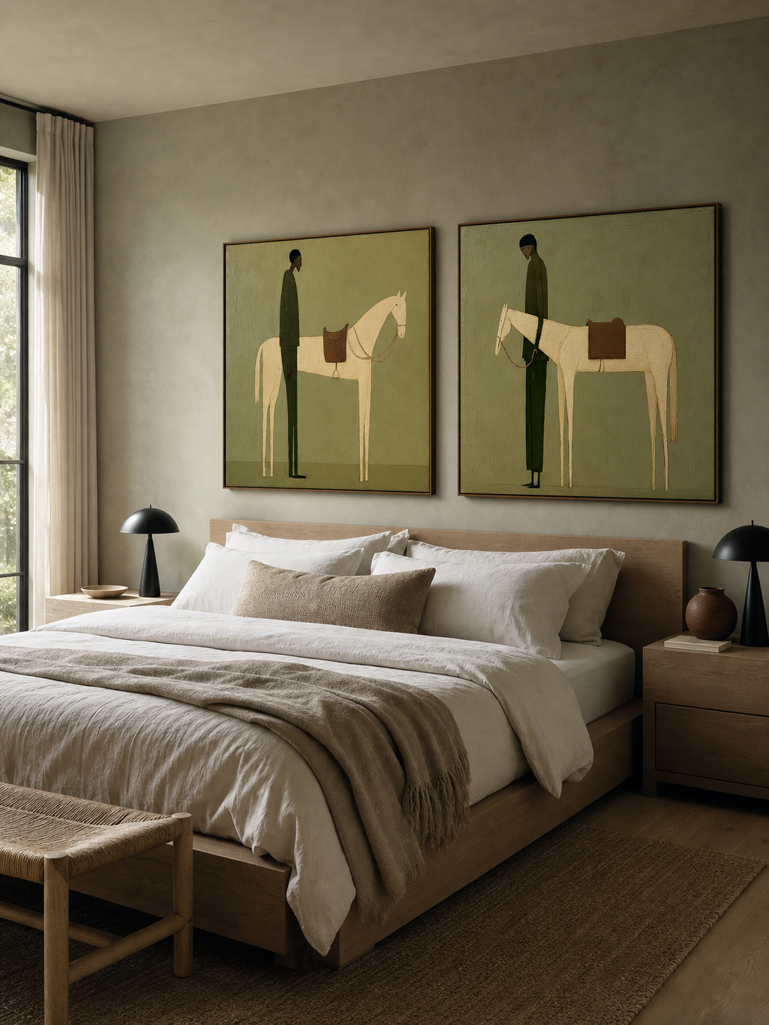 Retro Minimalist Man And Horse Painting Set Of Two For Living Room Decor