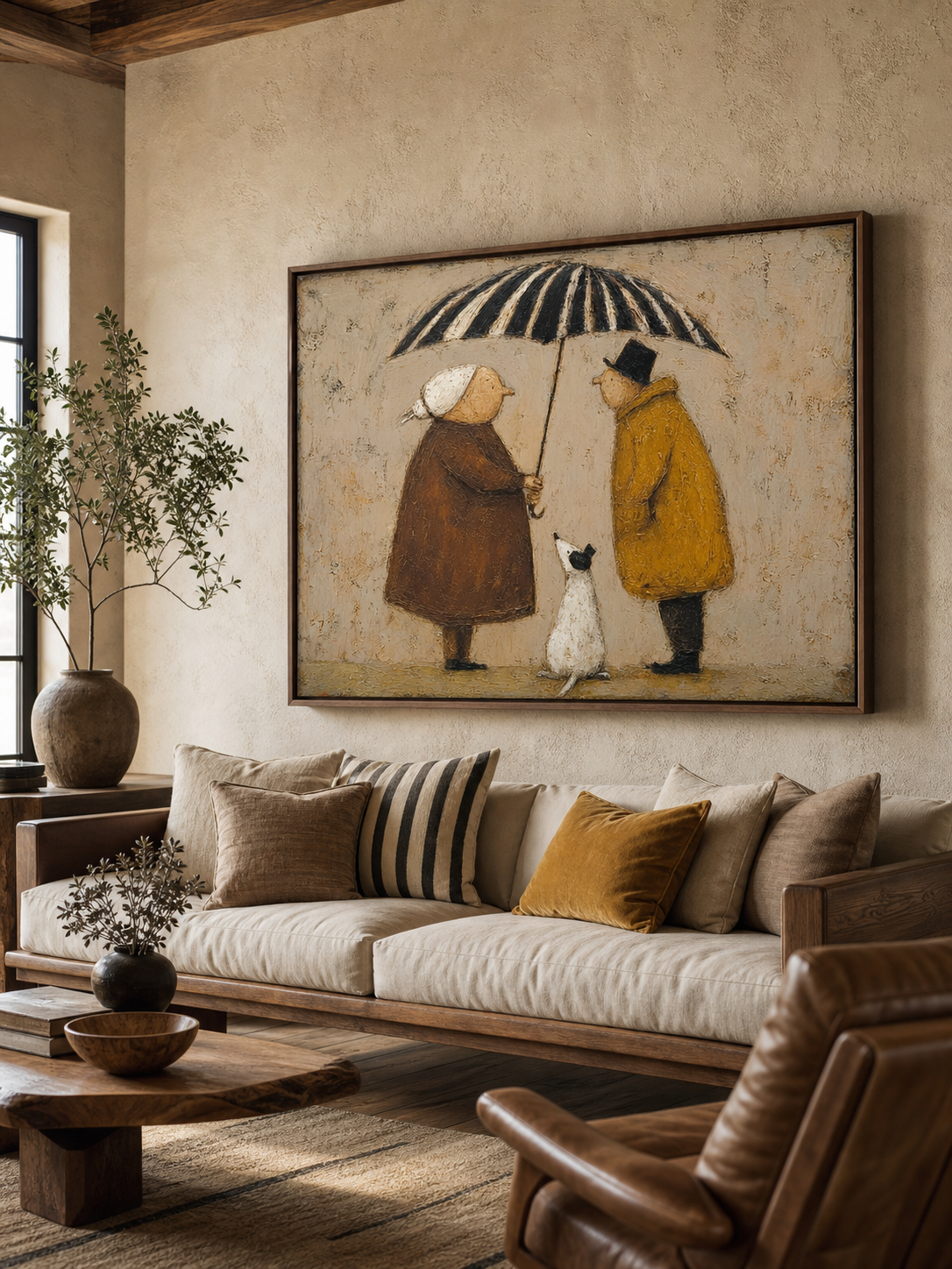 Vintage Style Oil Painting Of Couple With Dog Under Striped Umbrella For Cozy Home Decor
