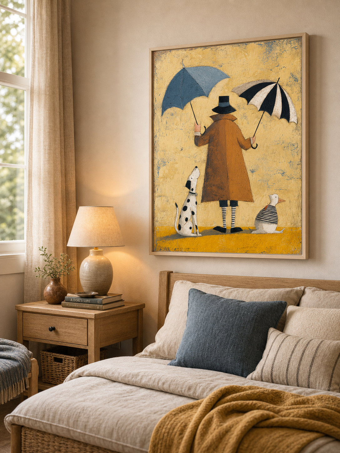 Whimsical Abstract Oil Painting With Dog And Duck In Square Format For Modern Home Decor