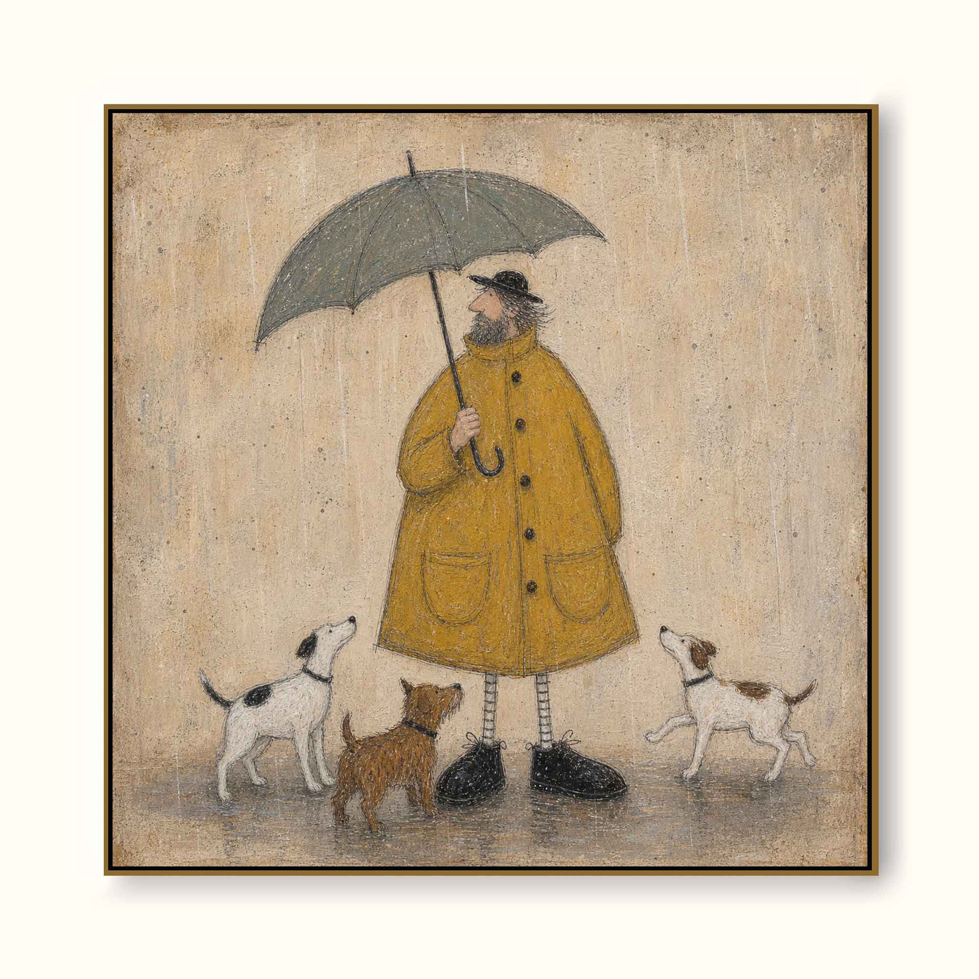 Whimsical Man With Dogs Under Umbrella Vintage Oil Painting For Cozy Home Decor