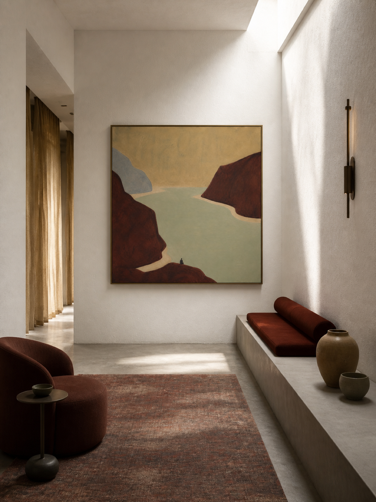 Burgundy Canyon Landscape Hand-Painted Canvas Art With Sage Green Lake
