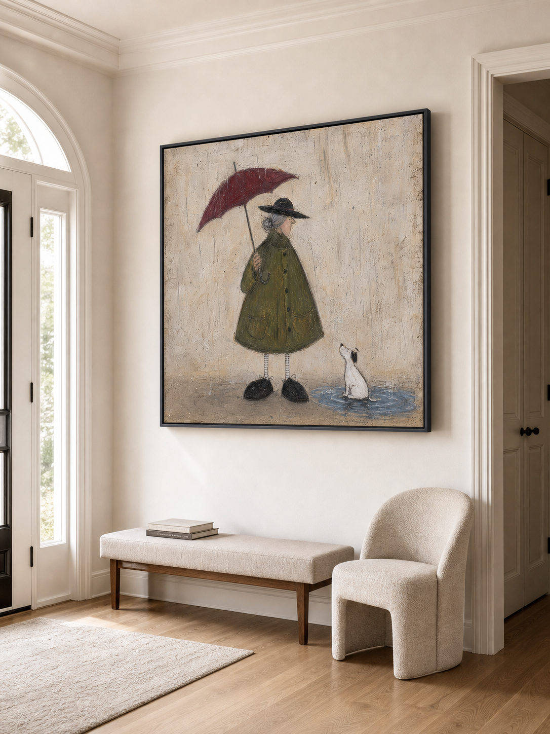 Vintage Man With Dog Painting Red Umbrella Retro Wall Art For Living Room