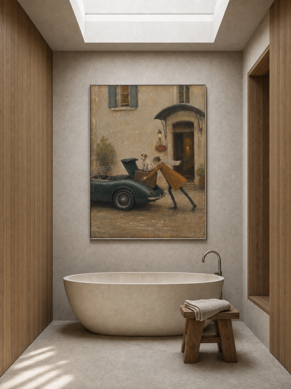 Vintage Pet Art Painting With Classic Car For Home Decor