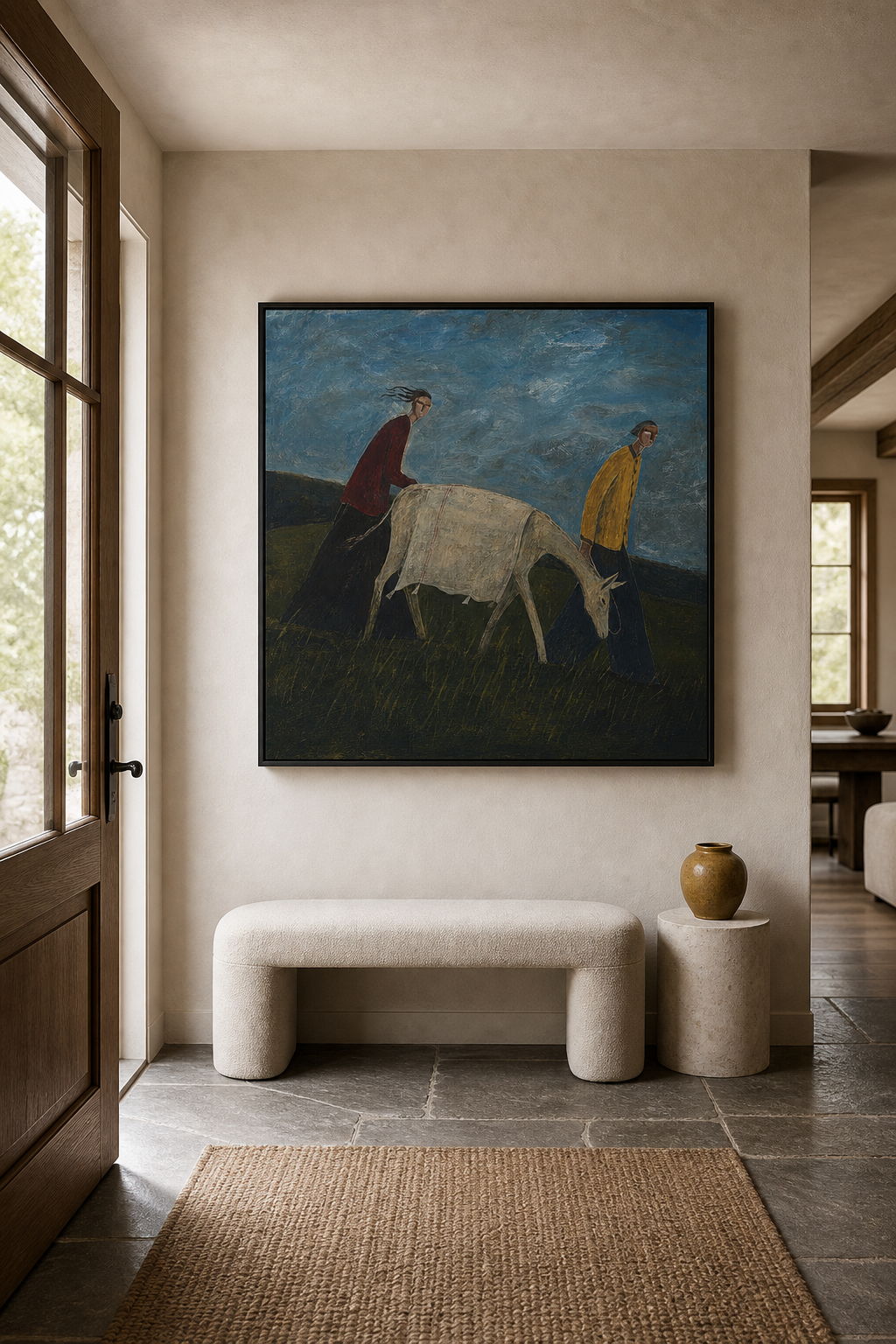 Vintage Folk Painting With People And Animal In Countryside Scene For Rustic Home Decor