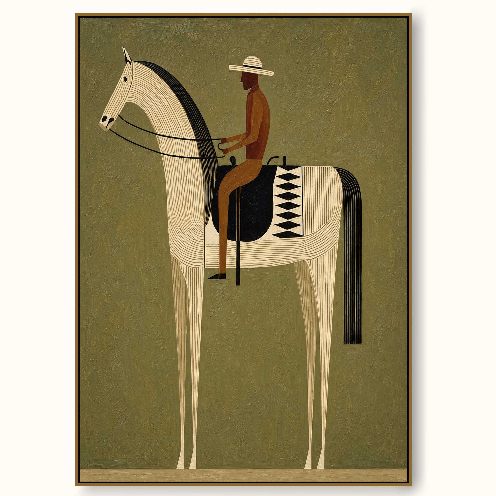 Retro Minimalist Horse And Rider Painting With Earthy Tones For Modern Home Decor