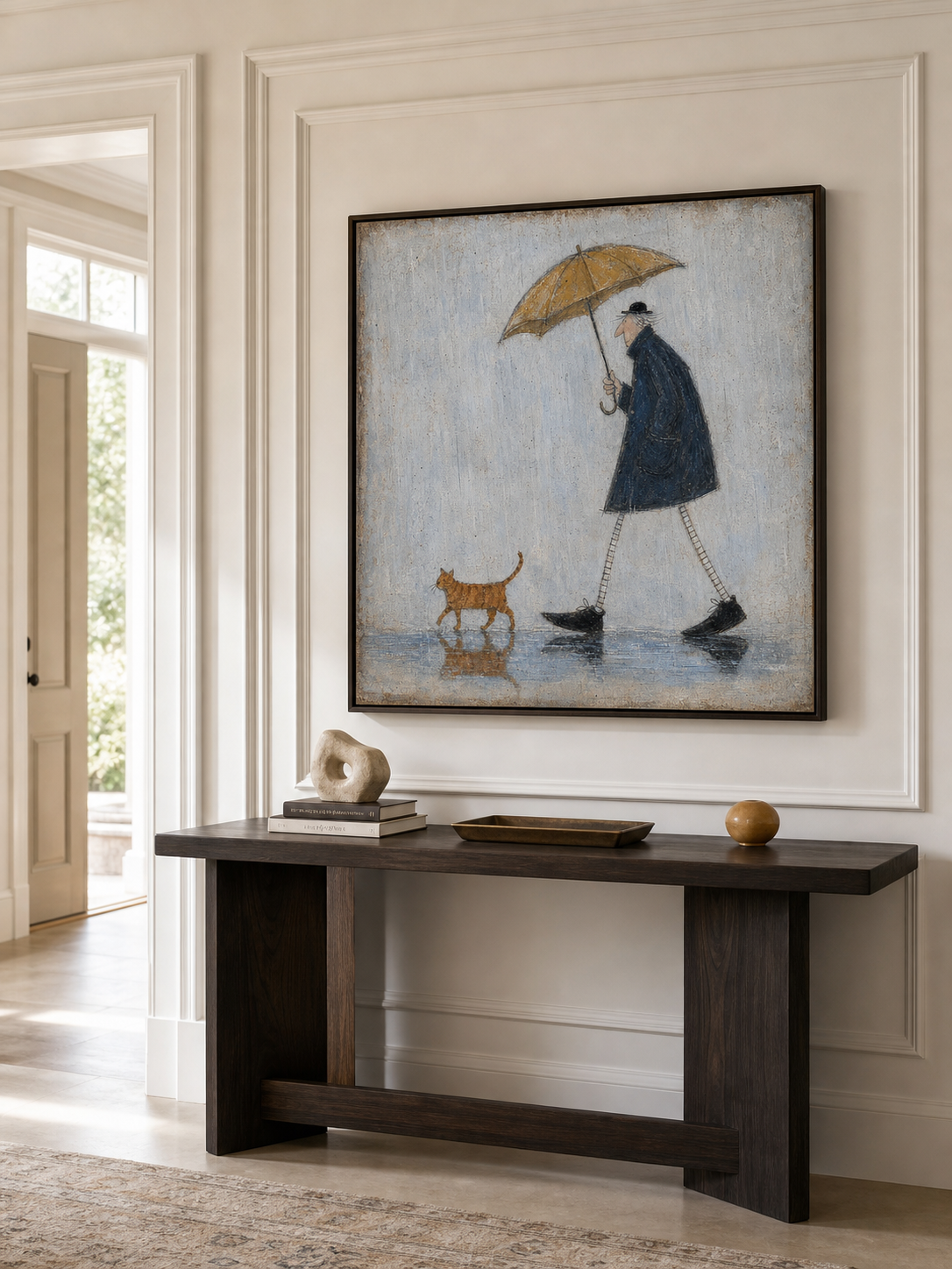 Vintage Cat And Man Painting With Umbrella In Rain For Cozy Home Decor