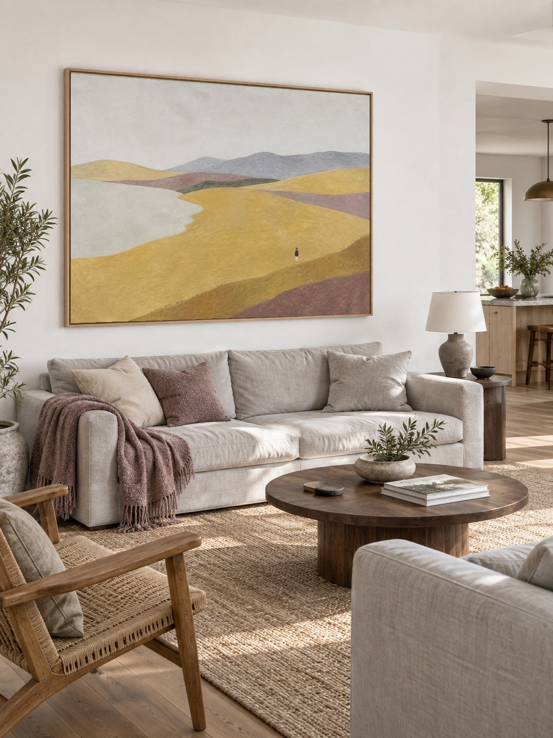 Neutral Golden Hill Canvas Art With Lone Figure For Contemporary Bedroom Decor