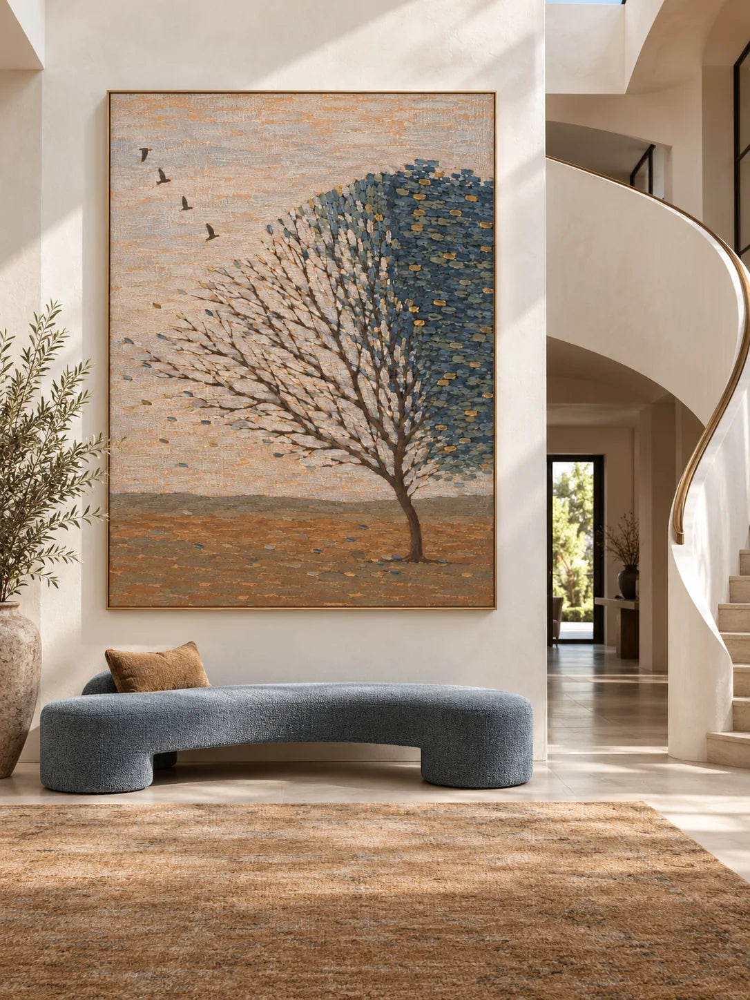 Minimalist Tree Landscape Painting Large Teal And Gold Nature Wall Art Canvas