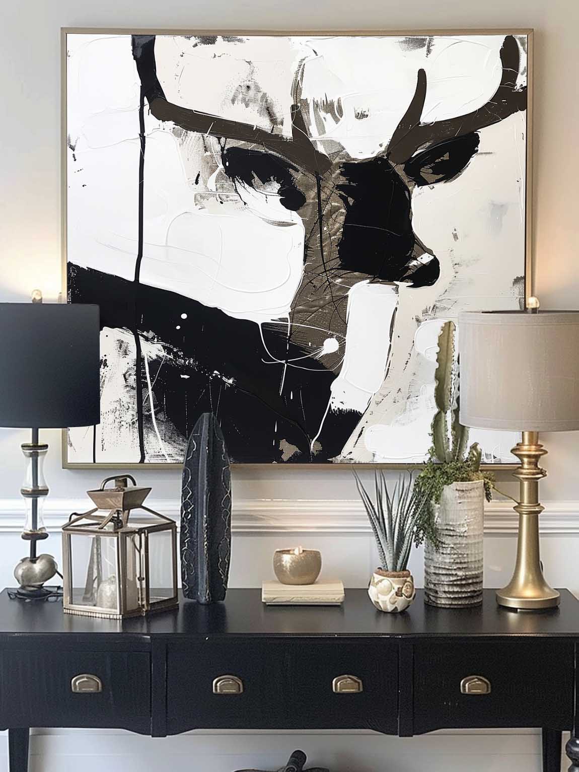 Vintage Black And White Stag Canvas Art Large Abstract Minimalist Deer Painting Deer Home Decor