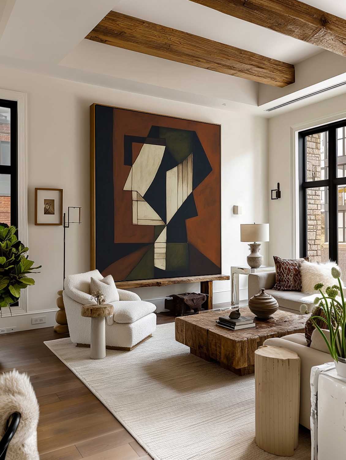 Modern Handmade Face Painting Large Abstract Geometric Portrait Painting Neutral Wabi Sabi Face Wall Art