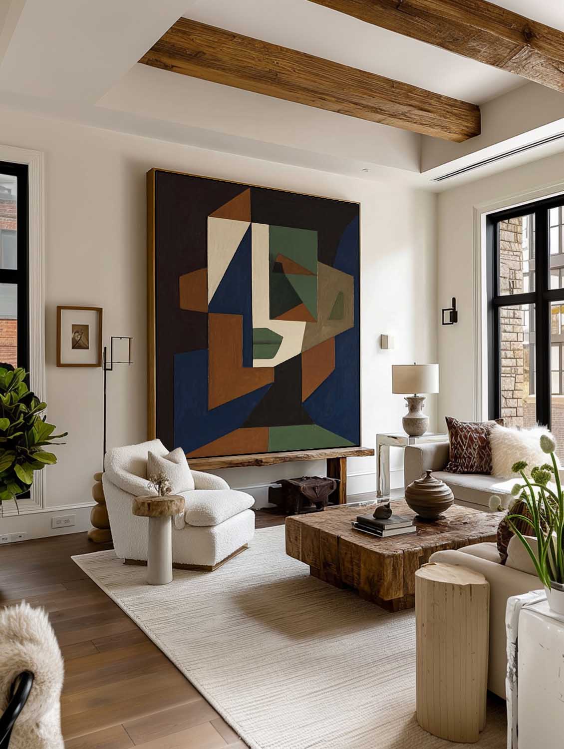 Original Abstract Face Oil Painting On Canvas Large Minimalist Geometric Portrait Wall Art Neutral Toned Abstract Face Art