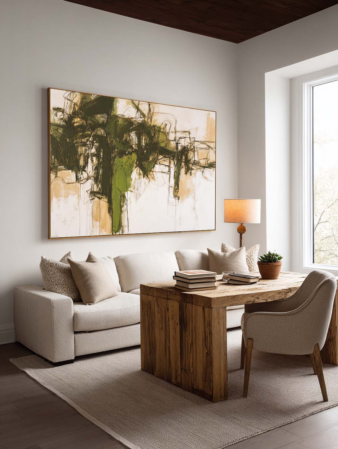 Handmade Horizontal Olive Green Abstract Canvas Art Minimalist Horizontal Green Abstract Oil Painting