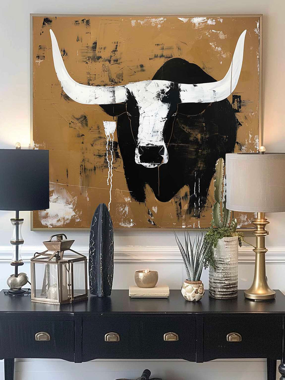 Retro White And Black Bull Horns Wall Art Vintage Bull Abstract Canvas ...