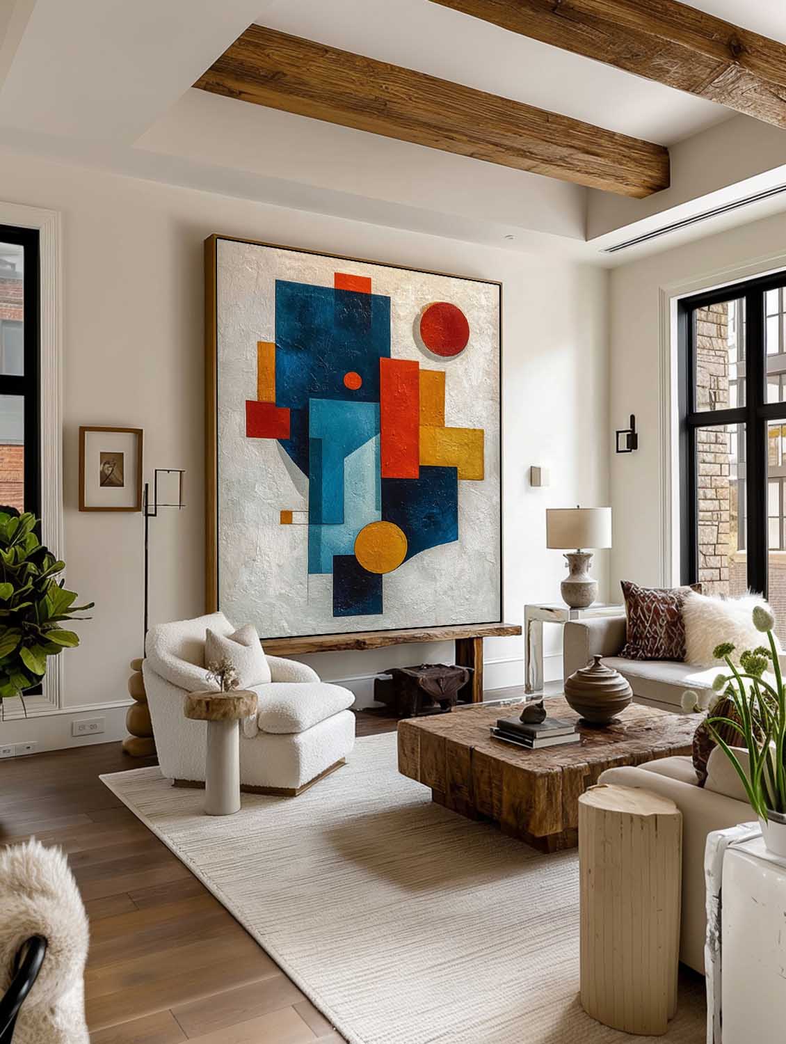 Large White And Blue Geometric Painting Original Colorful Geometric Painting Minimalist Wabi Sabi Geometric Canvas Art