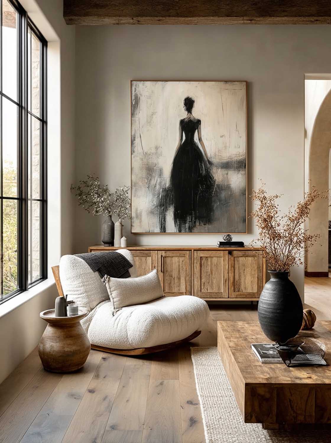 Contemporary Lady Painting In Black Dress Black Wabi-Sabi Abstract Painting Beige And Black Lady Canvas Art